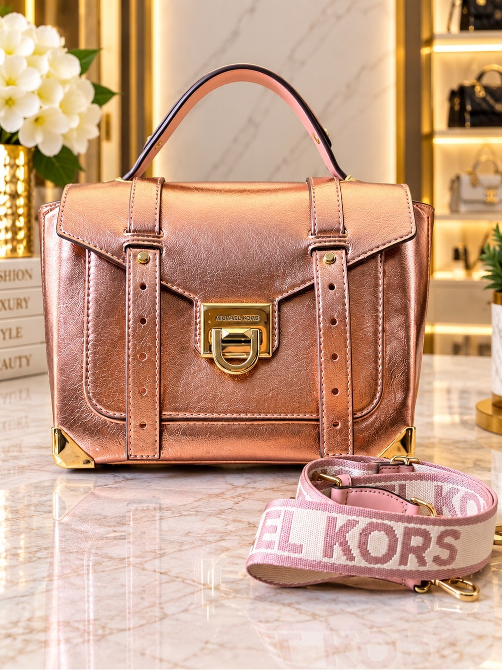 Michael Kors Metallic Rose Gold Leather Satchel with Branded Strap
